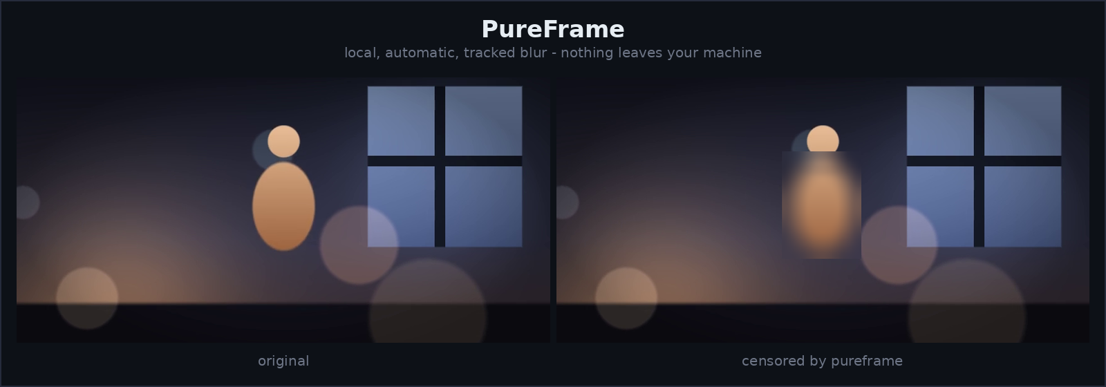 The same frame before and after: a figure at dusk, blurred in the censored version while the window stays sharp